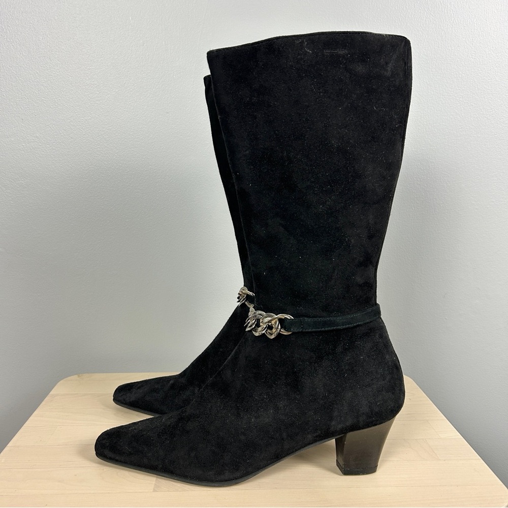 AMALFI Black Suede Knee Mid-Calf Boot Size 8.5 Silver Chain Square Toe Autumn